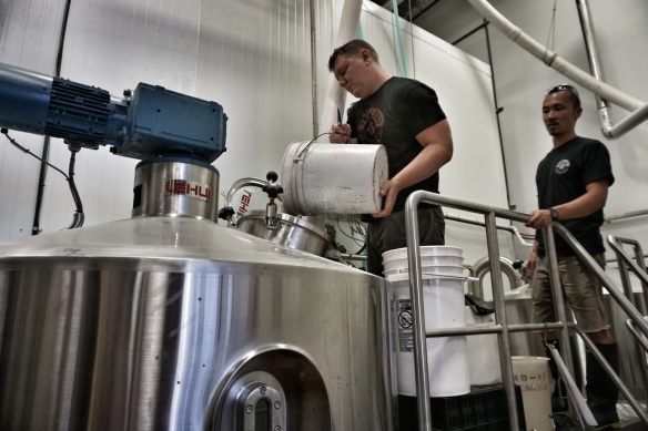 Graham and Hiroshi brew the first test batch of their collaboration beer with TAPS Brewpub in Shenzhen.