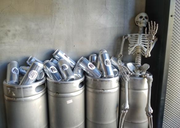 Skeleton Halloween decoration sits on top of a keg at Beijing's Yun Brewing brewpub.